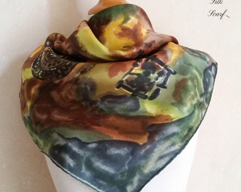 1960s LUXURIOUS NATURE'S COLORS French vintage Silk Scarf, abstract art in earth tones.