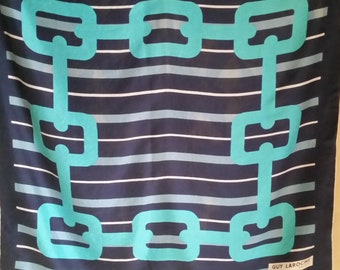 1960s MOD SILK SCARF by Guy Laroche, Paris designer. Gorgeous French vintage quality of geometric turquoise rings in boho style.