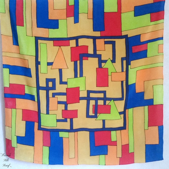 Vintage Maze French Silk Scarf of lines, squares,… - image 2