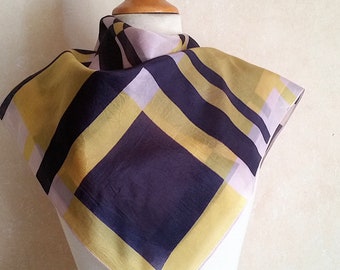 1960s MID CENTURY MODERN French vintage silk scarf in tartan asymmetrical design of navy blue, yellow and white.