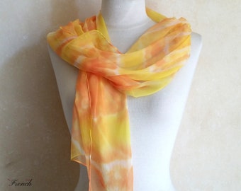 Vintage FRENCH BOHO SCARF in tie dye chic chevron design of bright sunny colors on chiffon silk.