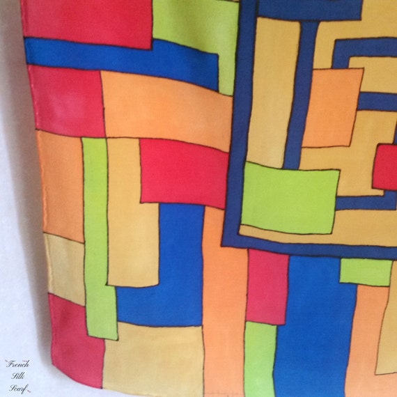 Vintage Maze French Silk Scarf of lines, squares,… - image 6