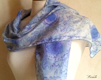 Vintage French Boho Silk Scarf in blue marbled tie dye design. Chic fashion neckerchief, hair tie or purse accessory.