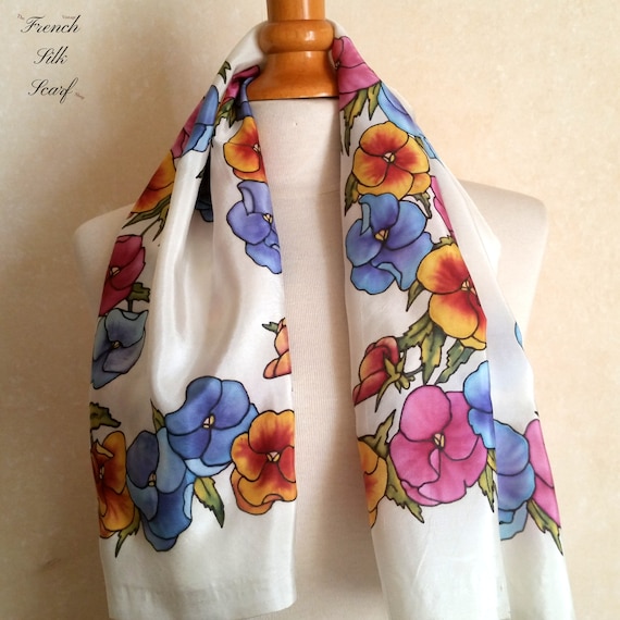 Vintage PRETTY SPRING PANSIES French Silk Scarf h… - image 1