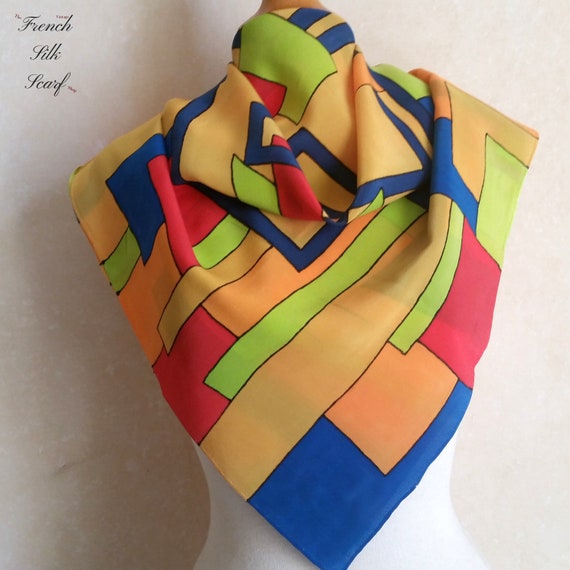 Vintage Maze French Silk Scarf of lines, squares,… - image 1