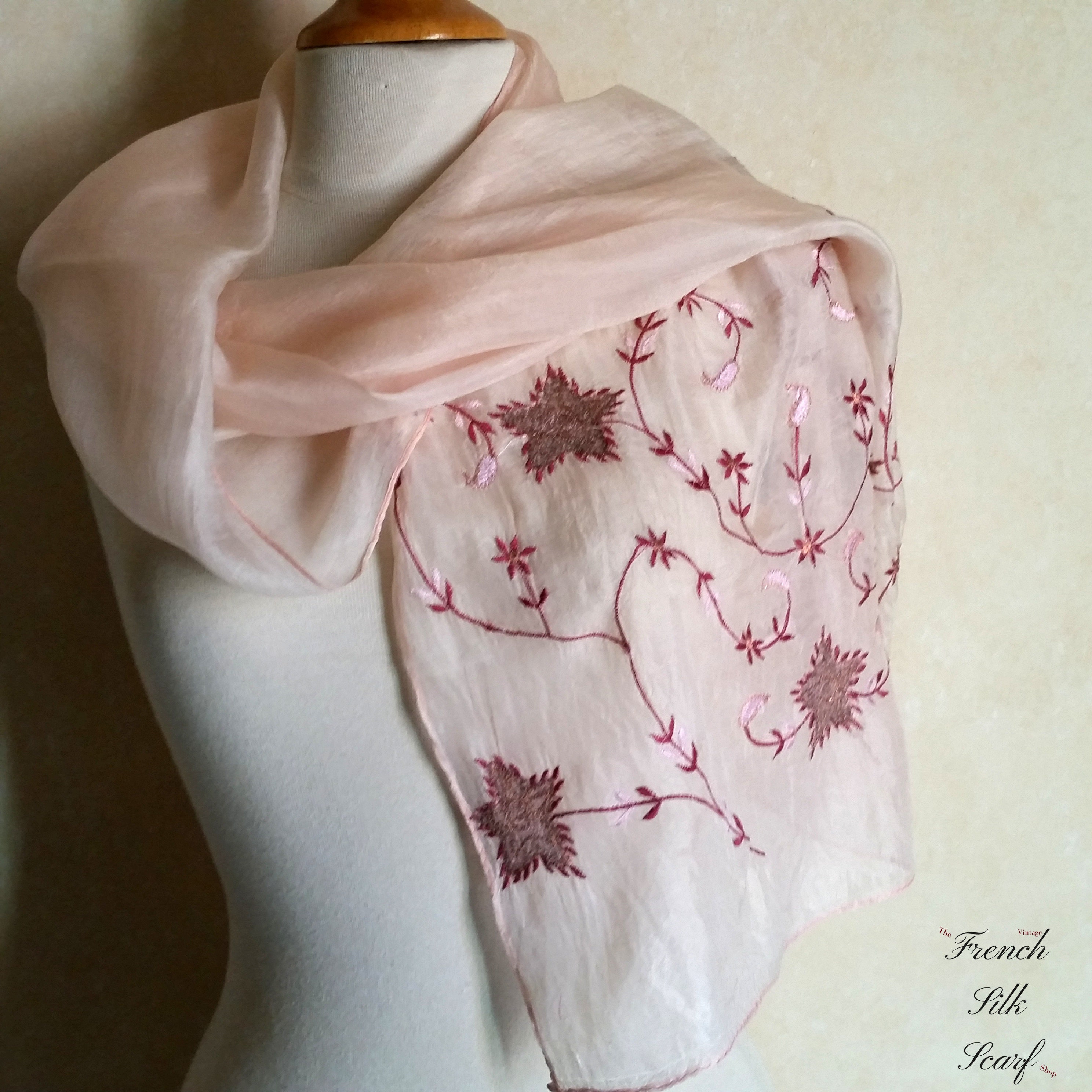 Vintage BLOSSOMS on PALEST PINK French Silk Scarf With 