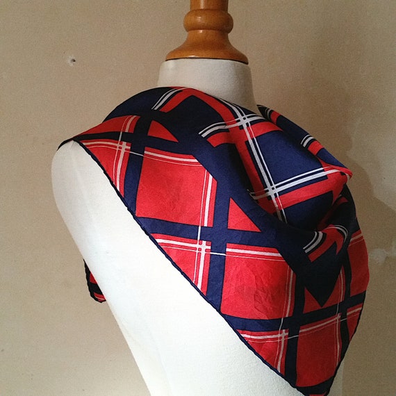 1950s VINTAGE FRENCH TARTAN Silk Scarf in red white a… Gem