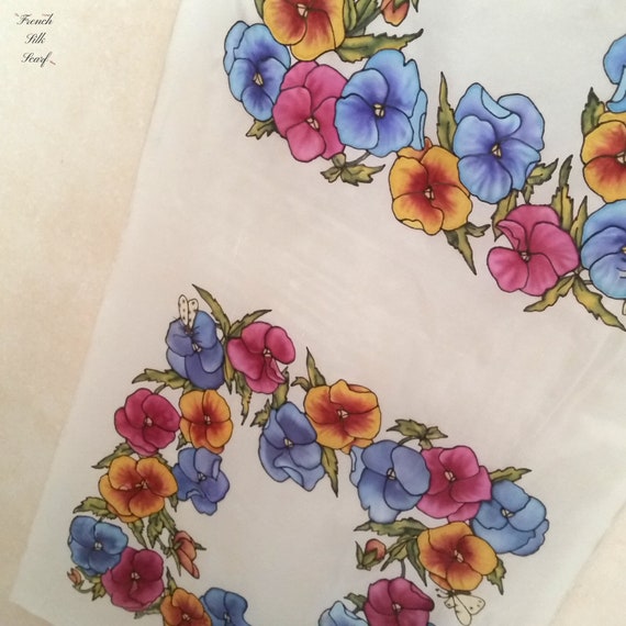 Vintage PRETTY SPRING PANSIES French Silk Scarf h… - image 6