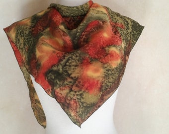 Vintage French Boho Silk Scarf in earth tones marbling design. 1970s bohemian fashion in russet, gold and moss green.