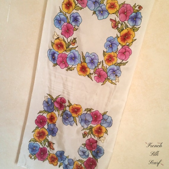 Vintage PRETTY SPRING PANSIES French Silk Scarf h… - image 4