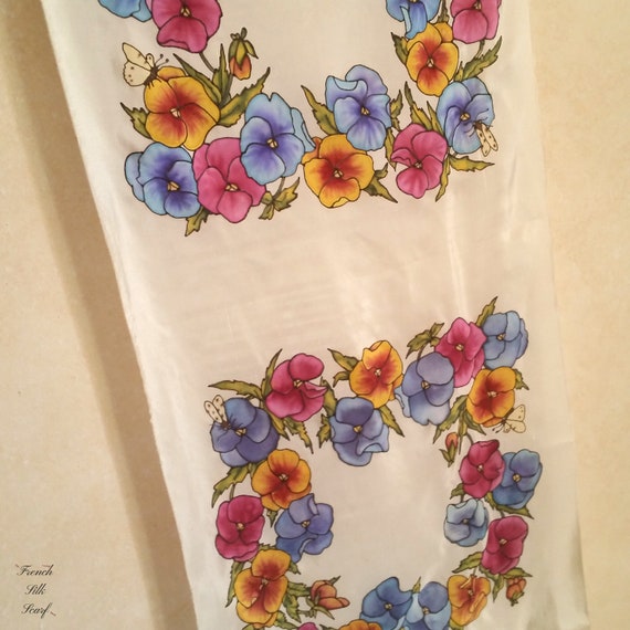 Vintage PRETTY SPRING PANSIES French Silk Scarf h… - image 5