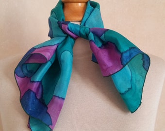 Vintage FRENCH BOHO SCARF, abstract watercolor art on Silk in rich jewel tones. Fun and colorful statement accessory.