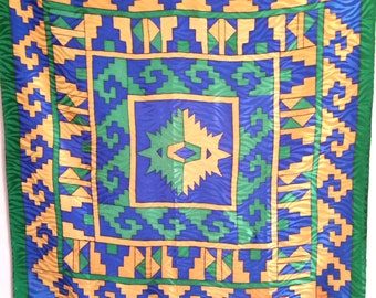 Vintage GEOMETRIC BOHO STYLE French Silk Scarf with woven jacquard wave pattern through bold bright colors.