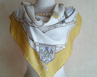 Vintage Classic Mid Century French silk scarf by Pierre Charier in traditional equestrian style of belts, buckles and heraldry.