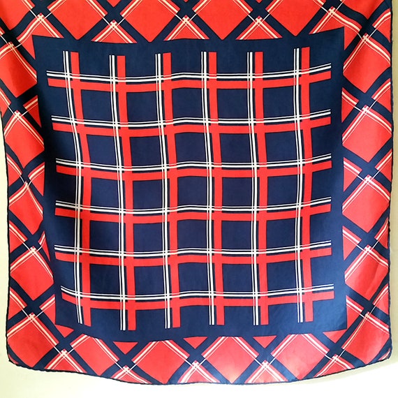 1950s VINTAGE FRENCH TARTAN Silk Scarf in red white a… Gem