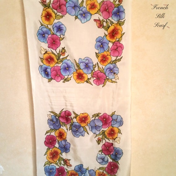 Vintage PRETTY SPRING PANSIES French Silk Scarf h… - image 3