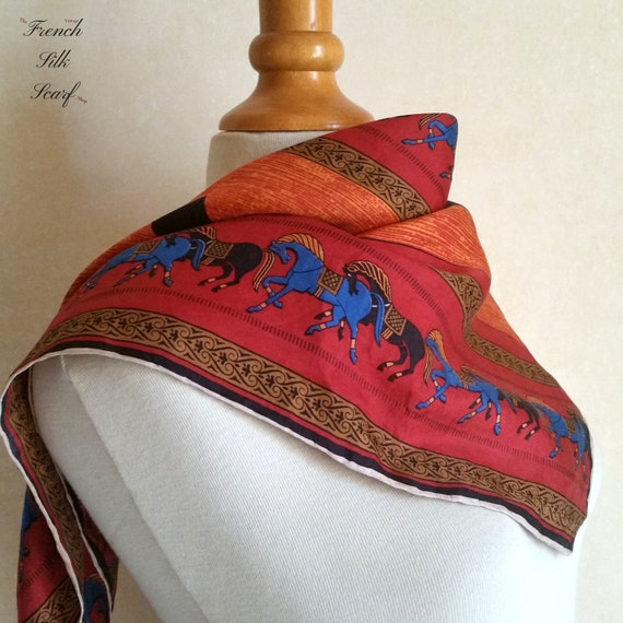 1950s Vintage FRENCH SILK SCARF of galloping hors… - image 1