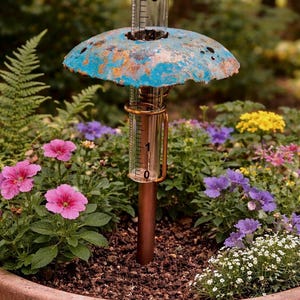 Copper Mushroom Rain Gauge - Turquoise Patina