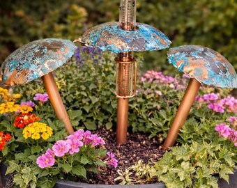 Copper Mushroom Rain Gauge Trio - Turquoise Patina