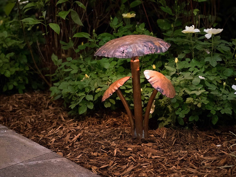 Copper Led Landscape Lights With Three Mushroom Caps Image 0