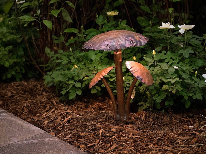 Copper LED Landscape Light with Three Mushroom Caps image 1