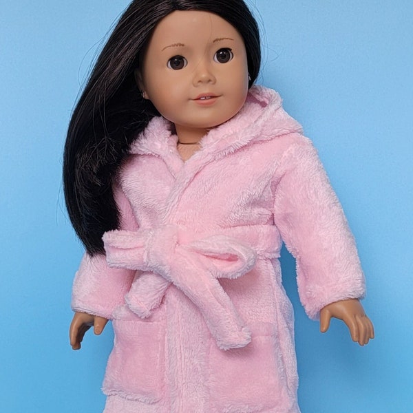 Bathrobe, hooded, pockets, attached tie belt, super soft, light pink, homemade, fits 18" American Girl or similar size doll.