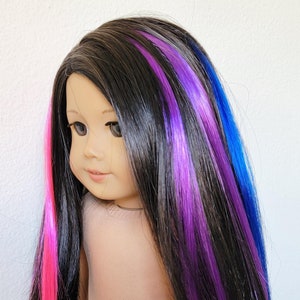 Hair extensions, clip-on, set of 3, hot pink, purple, dark blue, straight, 1.25&quot; X 10&quot; long, cut to desired length, for 18&quot; dolls