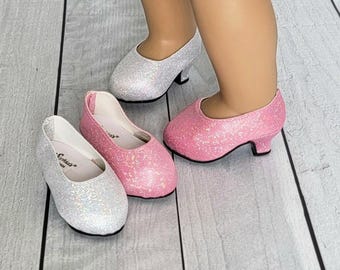 High heels, pink, silver, shimmering sparkle, shoes, fits 18&quot; American Girl or similar size dolls