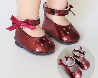 Shoes, ankle straps with bow, burgundy red, fits 14.5&quot; Wellie Wishers or similar size dolls