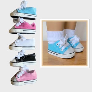 Tennis shoes, sneakers, canvas, black, white, pink, blue, fits 18&quot; American Girl or similar size dolls.