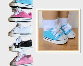 Tennis shoes, sneakers, canvas, black, white, pink, blue, fits 18&quot; American Girl or similar size dolls.