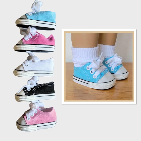 Tennis shoes, sneakers, canvas, black, white, pink, blue, fits 18" American Girl or similar size dolls.