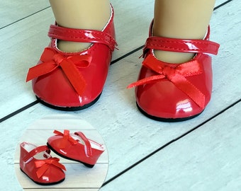 Red shoes, Mary Jane&#39;s, bow on toe, fits 18&quot; American Girl or similar size dolls