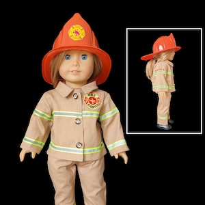 May include: A doll wearing a tan firefighter uniform, including a jacket, pants, and an orange helmet. The jacket has reflective stripes and a patch that says "Fire Fighter". The helmet has the words "Fire Dept" on it.