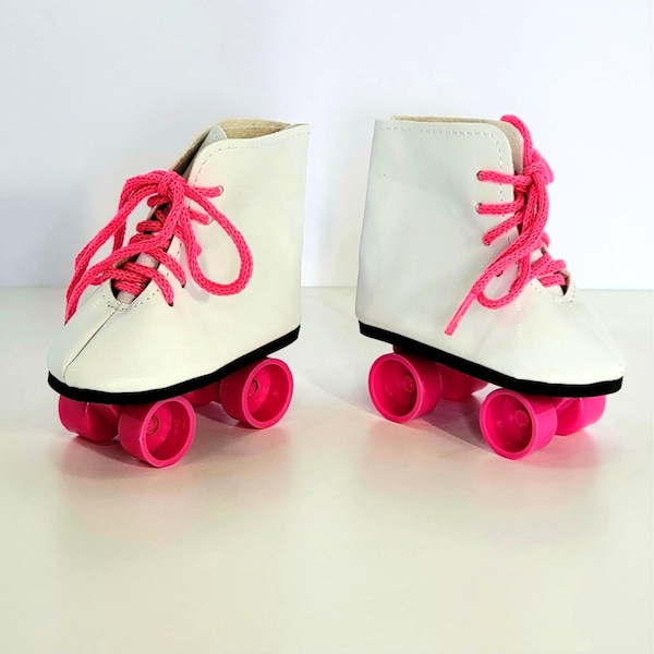 Roller skates, faux leather, white, pink wheels & laces, fits 18" American Girl or similar size dolls