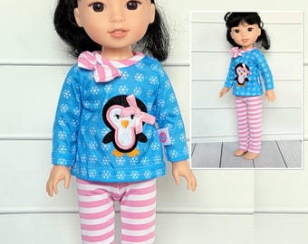 Pajamas, snowflake top with penguin, pink striped pants, fits 14.5&quot; Wellie Wishers dolls or similar size dolls