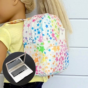 Backpack, Laptop, fully lined, pocket, zipper, stars, white, sparkle specs, homemade, for 18" American Girl or similar size doll.