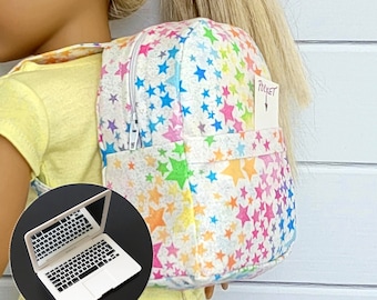 Backpack, Laptop, fully lined, pocket, zipper, stars, white, sparkle specs, homemade, for 18" American Girl or similar size doll.