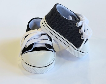 Tennis shoes, black, canvas, sneakers, fits 18" American Girl or similar size dolls.
