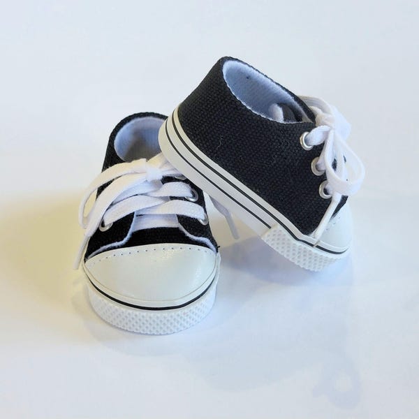 Tennis shoes, black, canvas, sneakers, fits 18" American Girl or similar size dolls.