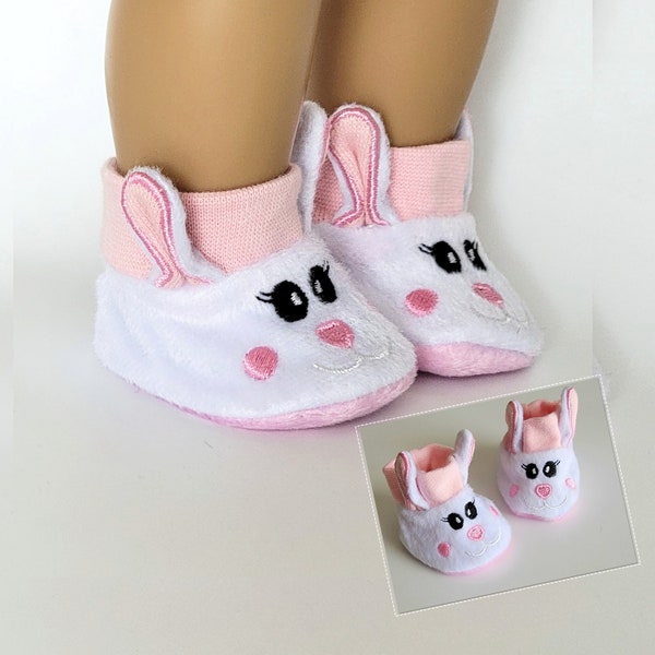 Bunny slippers, embroidered face, long bunny ears, white, pink ankle band, soft sole, fits 18" American Girl or similar size doll.