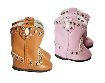Cowboy boots, brown, pink, silver studs, fits 14.5&quot; Wellie Wishers or similar size dolls