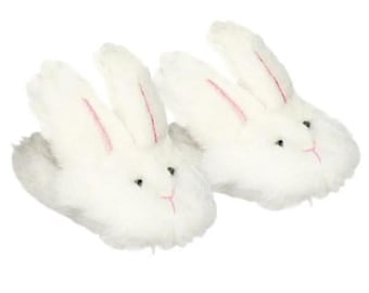 Bunny slippers, embroidered face, long ears, elastic heel strap, fits 18&quot; American Girl or similar size dolls