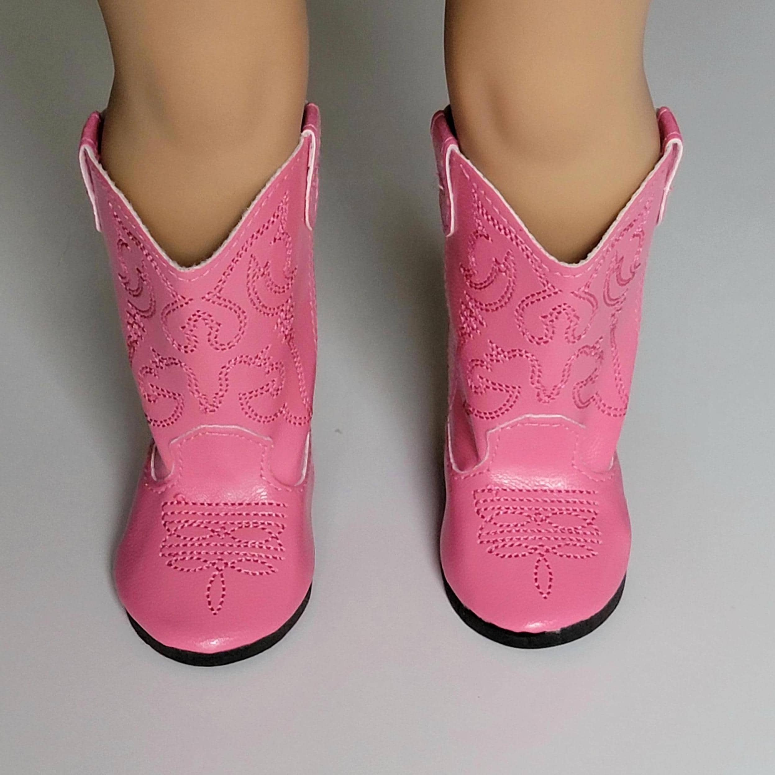 Cowboy boots, pink, faux leather, zipper back, embroidered details, hard sole, cowgirl, fits 18" American Girl or similar size dolls