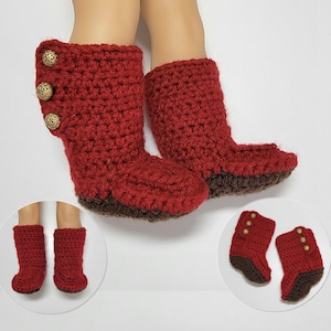 Boots, brick red, brown soles, gold 3-D round buttons, homemade, shoes, fits 18&quot; American Girl or similar size dolls