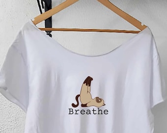 Breathe Yoga Schulterfreies Baumwolle T-Shirt, Boho Shirt mit Rohausschnitt
