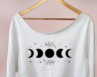 Off The Shoulder Moon Phase Cotton Slouchy T Shirt, Oversized Bare Shoulder Tee, Women's Moon Phase Celestial Shirt