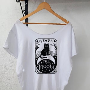 Tarot Karte weg von der Schulter Baumwolle Slouchy T Shirt, Die Mond Tarot Karte T Shirt, Katzen Tarot Karte Nackte Schulter Shirt, Tarot Leser Geschenk