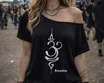 Atmen Sie Symbol aus der Schulter Baumwolle T-Shirt