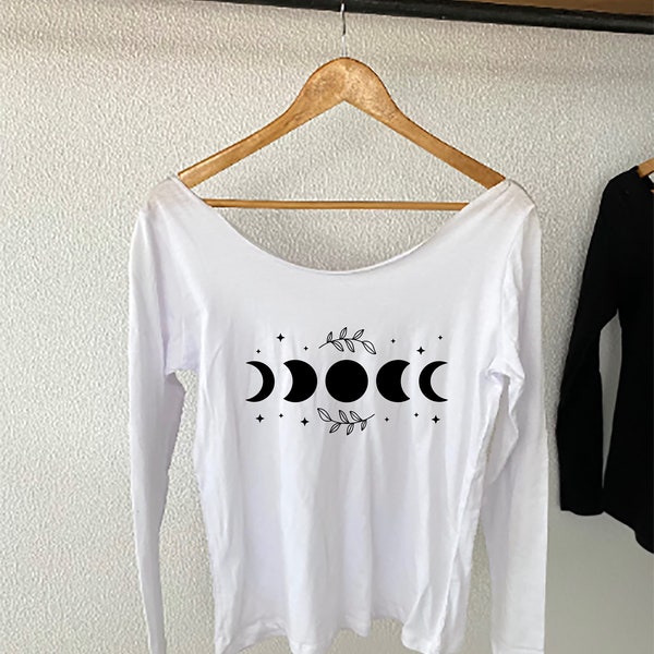 Fase lunar manga larga fuera del hombro camiseta, camiseta de manga larga de algodón con hombros descubiertos, camiseta de cuello ancho de manga larga para amantes de la luna, tops de yoga